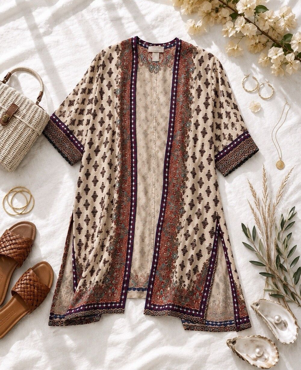 Chico's Travelers Paisley Kimono Cardigan Open Front Cover Up Size S